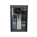Dense Hair Fibre 275g three-piece set with powder can, applicator nozzle, and shaping spray bottle.