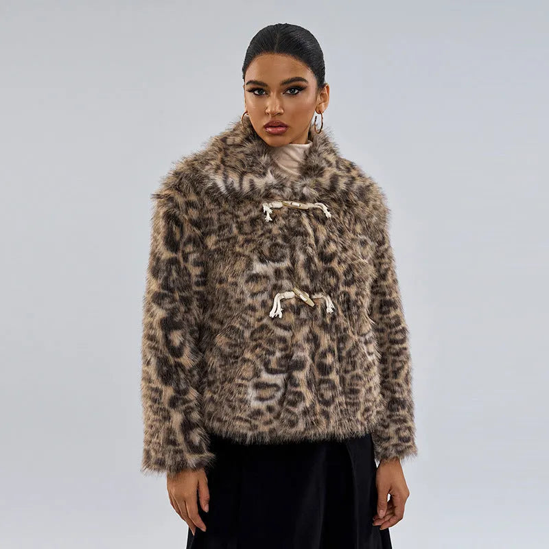 Women's leopard print buckle lapel coat with regular sleeves in street fashion style