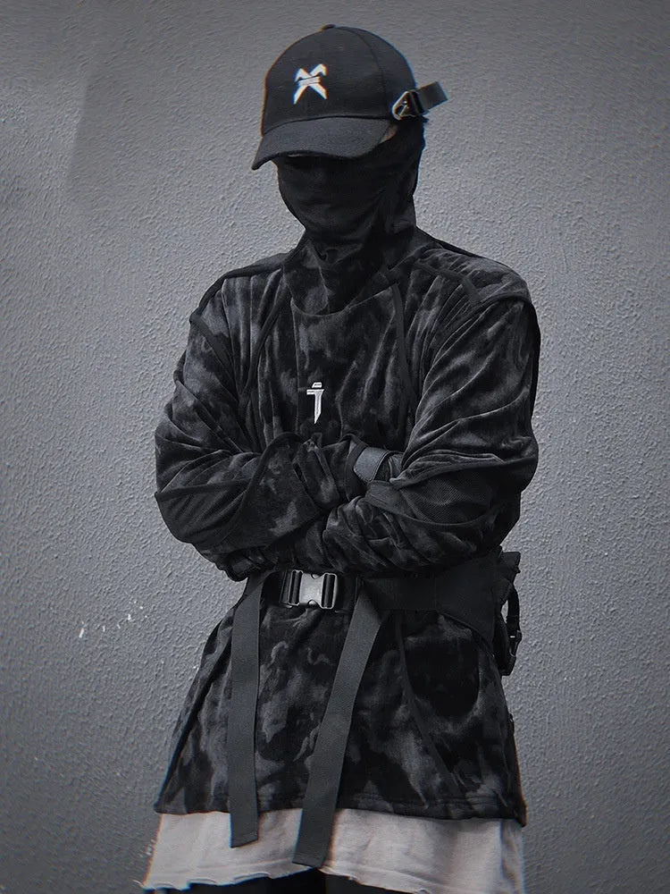 Men's black and grey tie dye printed turtleneck pullover sweater with long sleeves and loose fit.