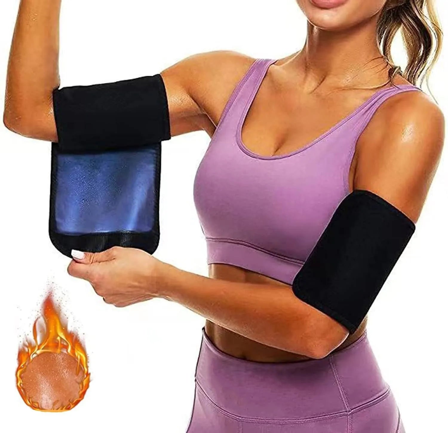 Blue compression arm band with a separate black wrist support strap laid flat.