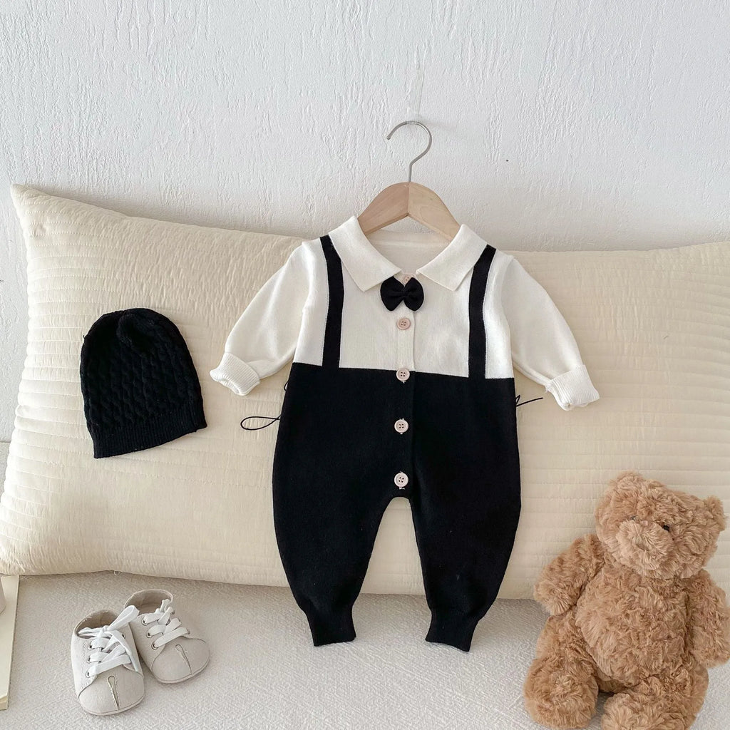 Infant lapel gentleman tie false two-piece suit in grey, brown, black, core-spun yarn fabric, long sleeve unisex baby romper for 66-90cm height