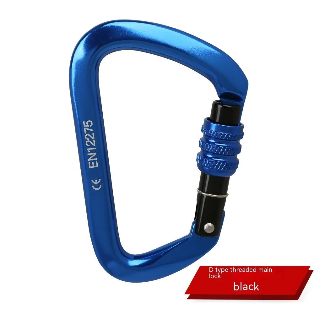 D-shaped locking climbing carabiner main lock in silver red colour with automatic gate closure.