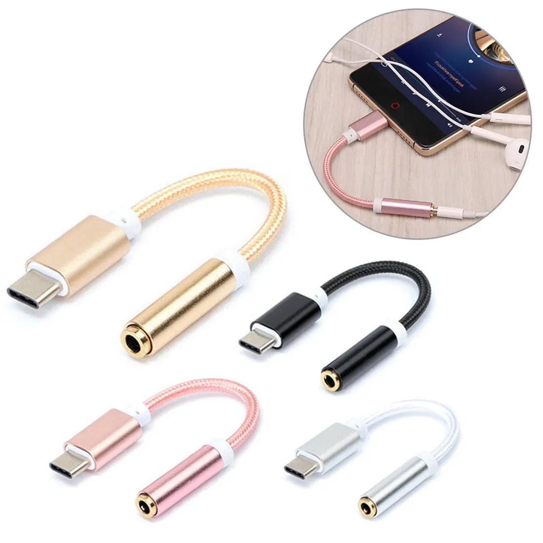 Weaving TYPE-C to 3.5mm adapter cable with 12cm nylon cord in multiple colour options
