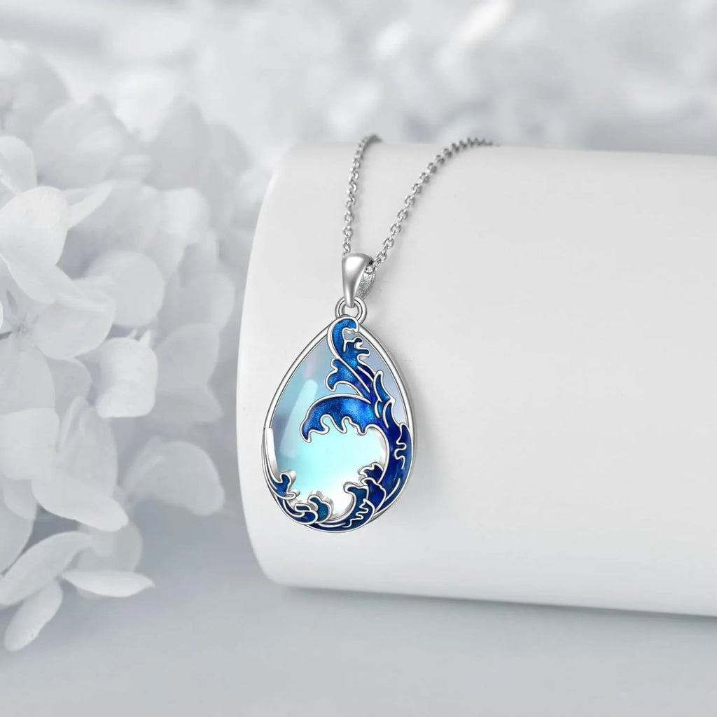 Moonstone blue alloy pendant necklace for women with love heart design on chain