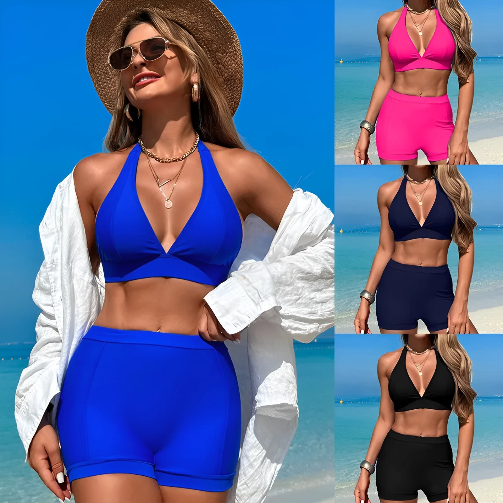 Women's black nylon bikini swimsuit laid flat, showing sleeveless design.