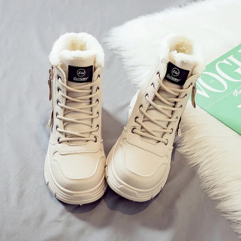 Women's plus size tall crown fleece-lined snow boots with lace-up front and round toe