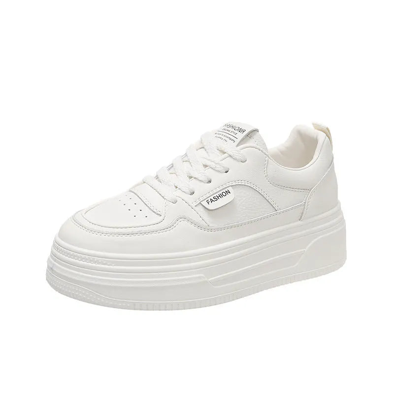 Black low-top platform thick sole casual shoes with two-layer cowhide upper, round toe, and front lace-up closure