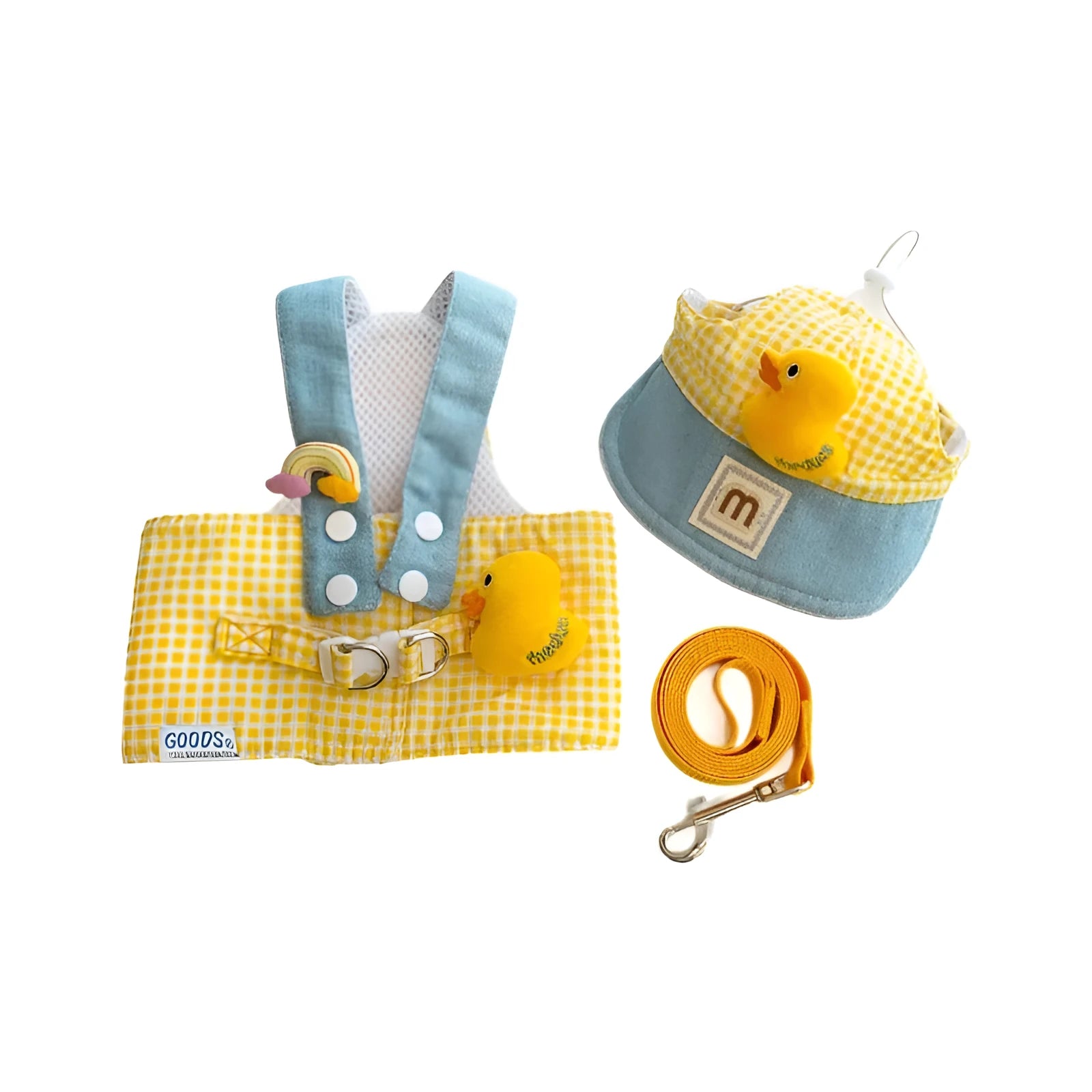 Three-piece pet set showing a dog harness, leash, wire rope pull, and a cute cotton hat on a small dog.