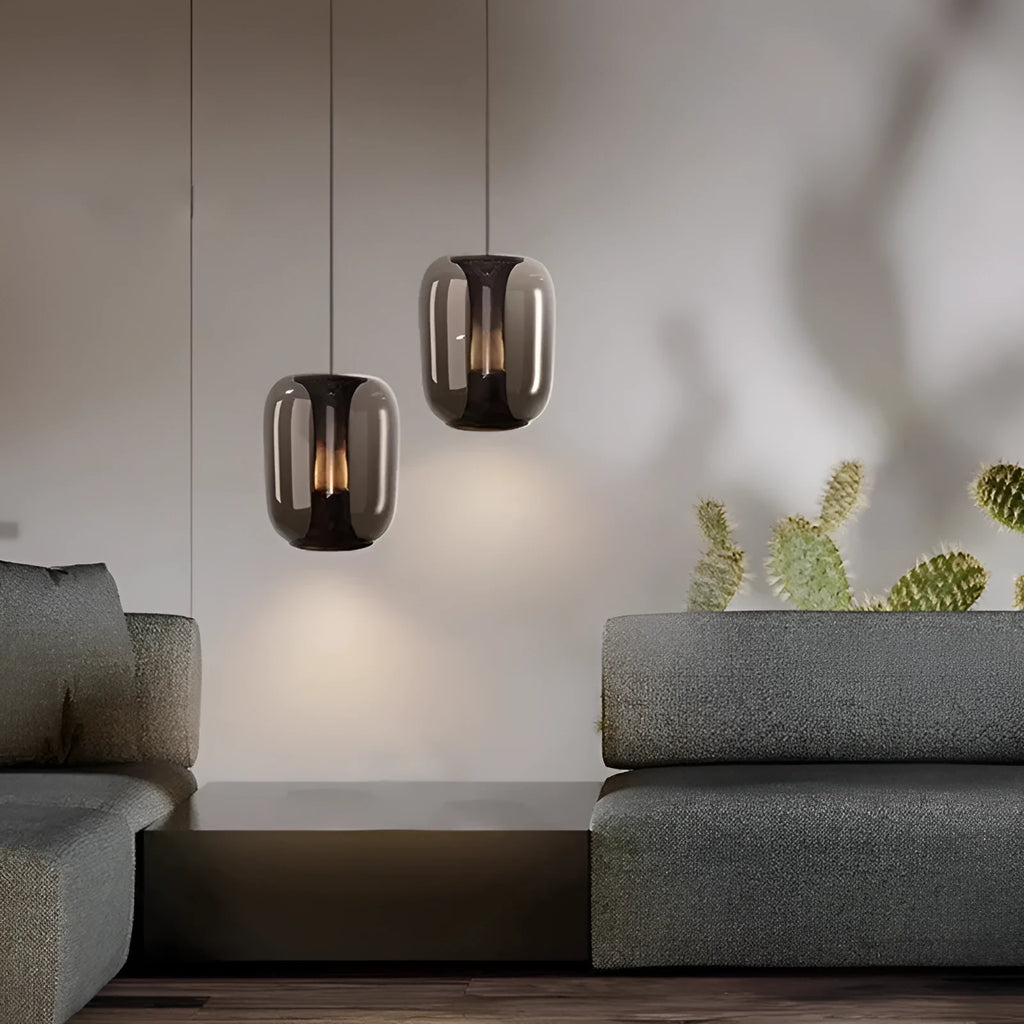 Minimalist Nordic style chandelier with glass globe shade in clear, cognac or smoky grey colour