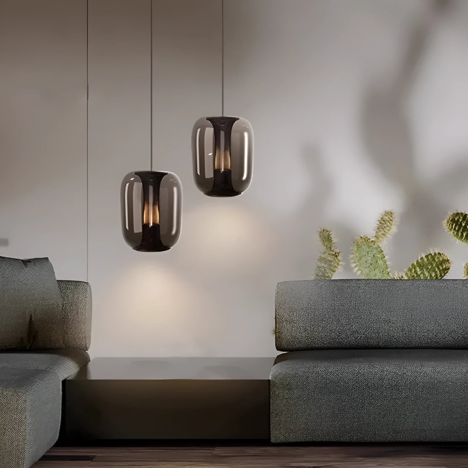 Minimalist Nordic style chandelier with glass globe shade in clear, cognac or smoky grey colour