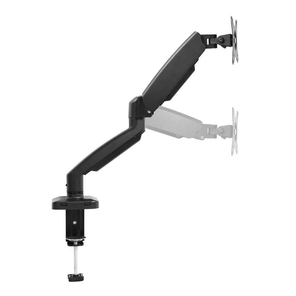 Black rotating telescopic LCD screen bracket on table with adjustable height and swivel features