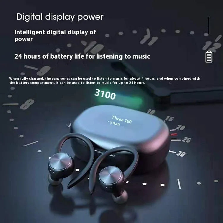R200 TWS sports Bluetooth headset in black with ear-mounted design and digital display