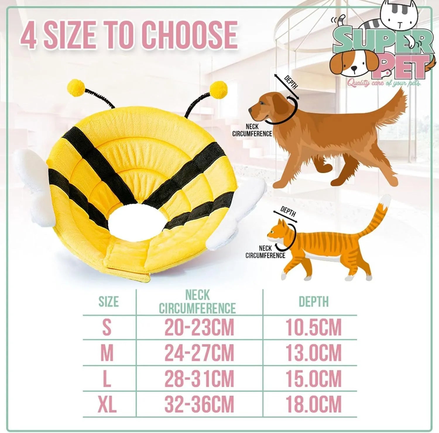 Soft bee-shaped cat cone collar with Velcro closure shown in adjustable sizing