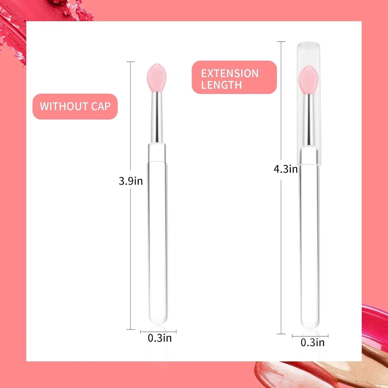 Set of reusable silicone lip brushes with caps in blue, pink, purple, red, rose red, skin colour, white, and yellow.