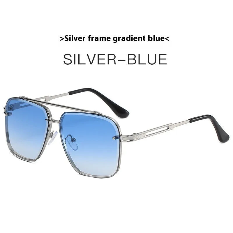 Men's double beam metal box sunglasses with UV400 protection and polycarbonate lens on a flat surface