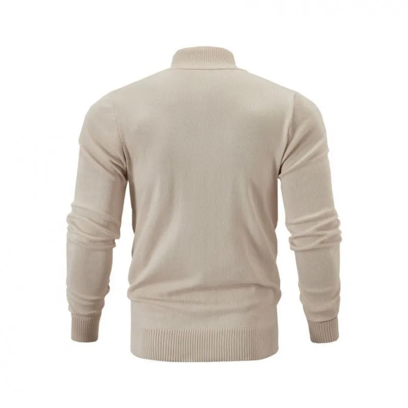Stand collar zip-up casual sweater in cotton fabric, loose fit cardigan style