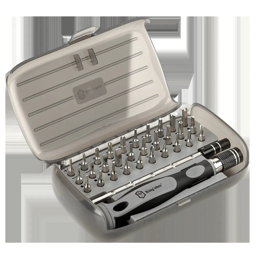 32 in 1 screwdriver set with 30 bits and PH1 driver in a black plastic case.