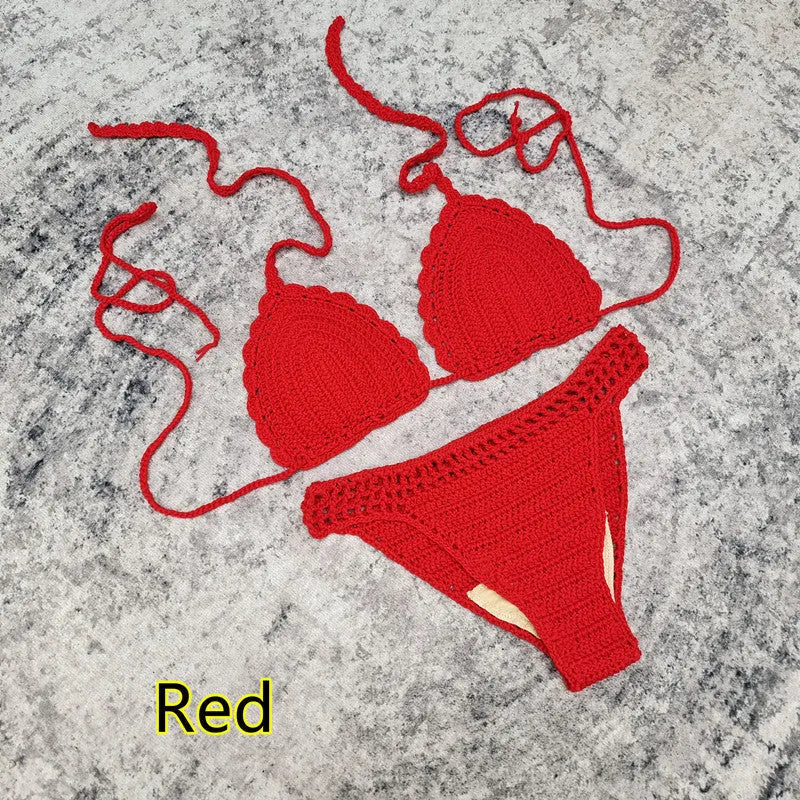 Women's three-piece bikini set with handmade crochet beach skirt in acrylic fabric