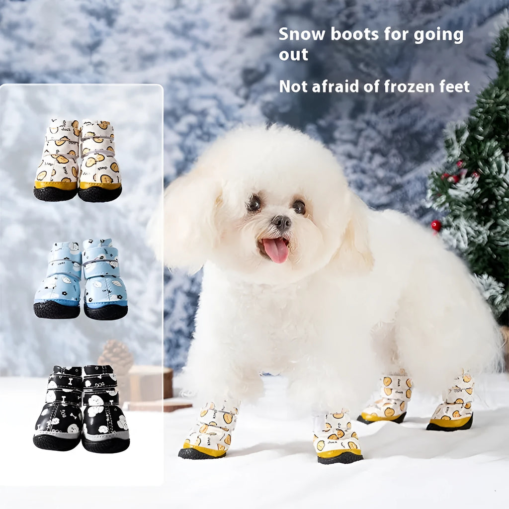 Fleece-lined pet cotton shoes with rubber sole in black, blue, and yellow for small dogs