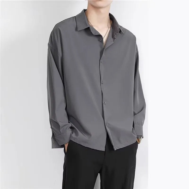 Men's Korean slim fit cardigan-style shirt in solid black, grey, or white.