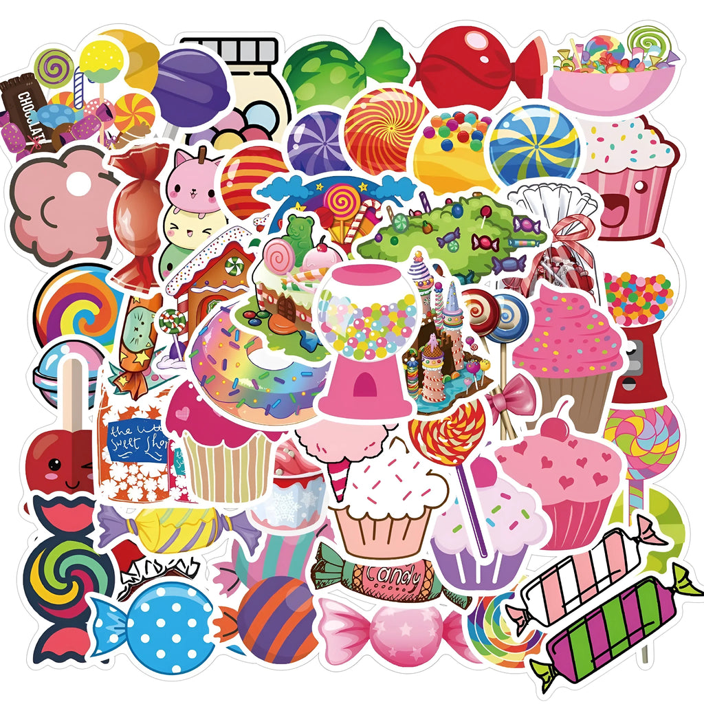 Fifty colourful candy graffiti adhesive stickers with cartoon and cute patterns measuring 4-6cm