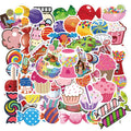 Fifty colourful candy graffiti adhesive stickers with cartoon and cute patterns measuring 4-6cm