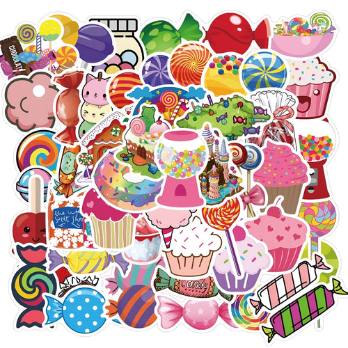 Fifty colourful candy graffiti adhesive stickers with cartoon and cute patterns measuring 4-6cm