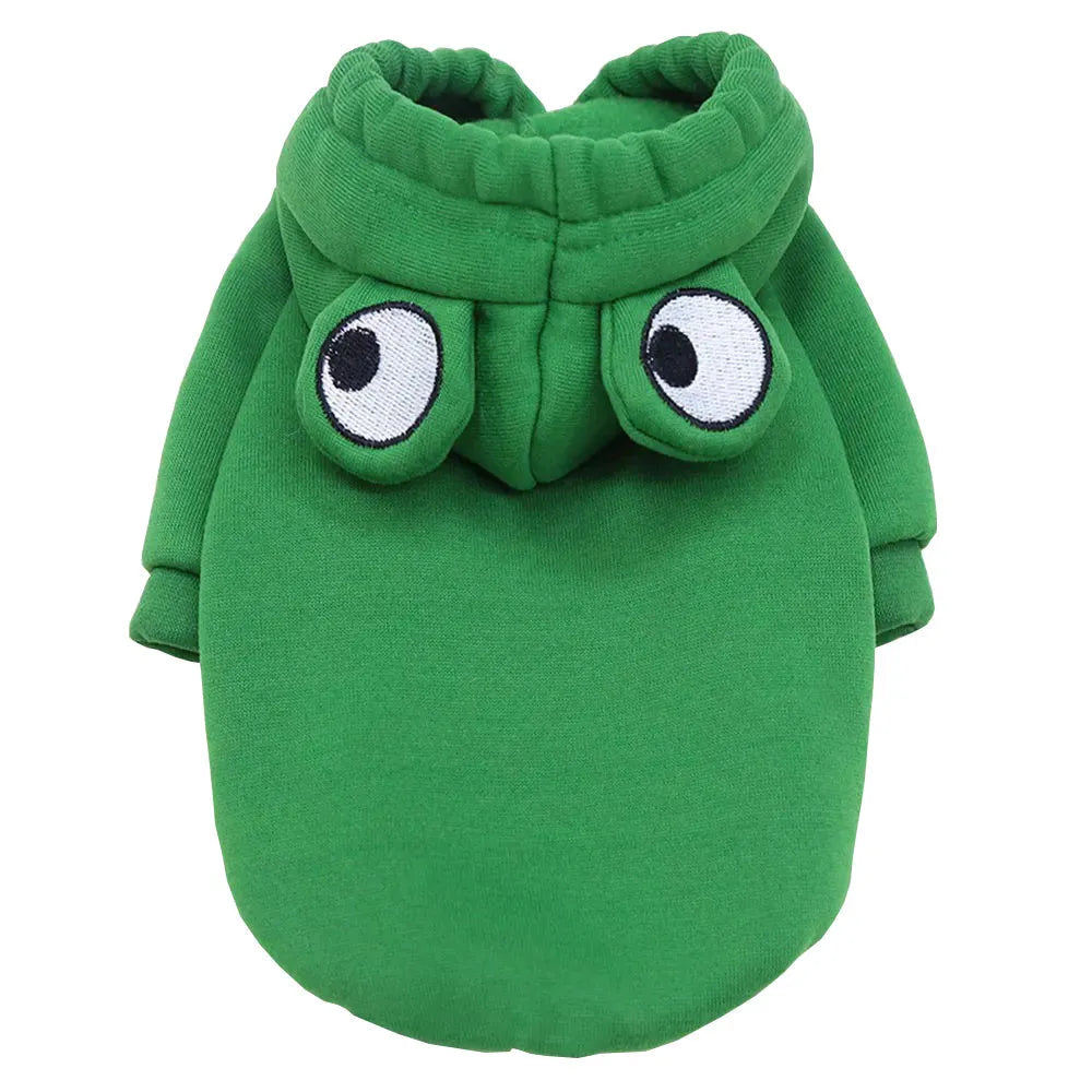 Green frog costume hoodie on small dog with size measurement diagram