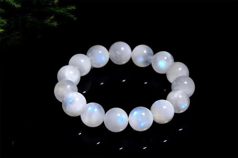 Natural moonstone round bead bracelet showing white blue moonlight colour