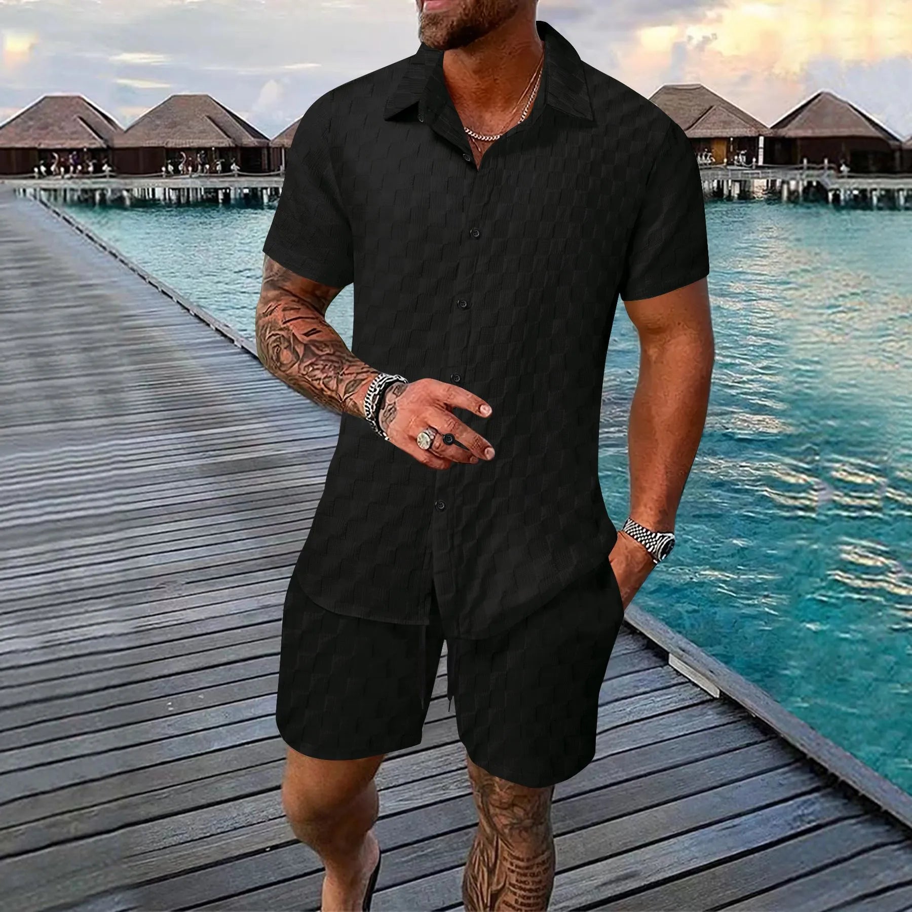 Men's chemical fibre shirt casual suit with short sleeve top and shorts in beige colour