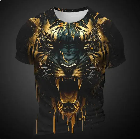 Men's 3D tiger pattern T-shirt in polyester with short sleeves showing digital printing detail