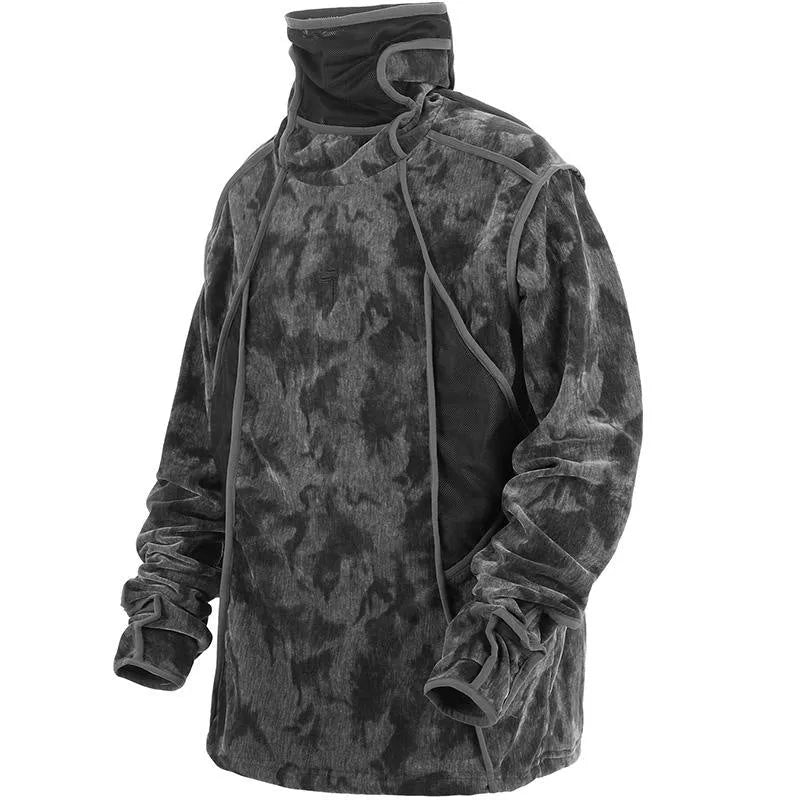 Men's black and grey tie dye printed turtleneck pullover sweater with long sleeves and loose fit.