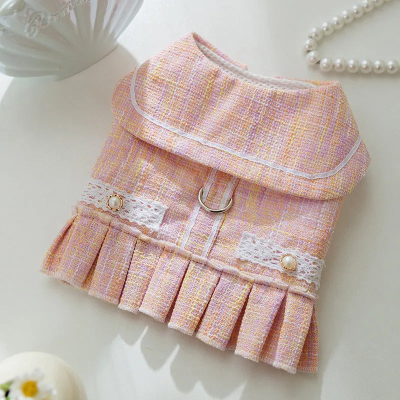 Purple and pink polyester jumper pet clothing for small dogs and cats, shown in sizes S, M, L, XL.