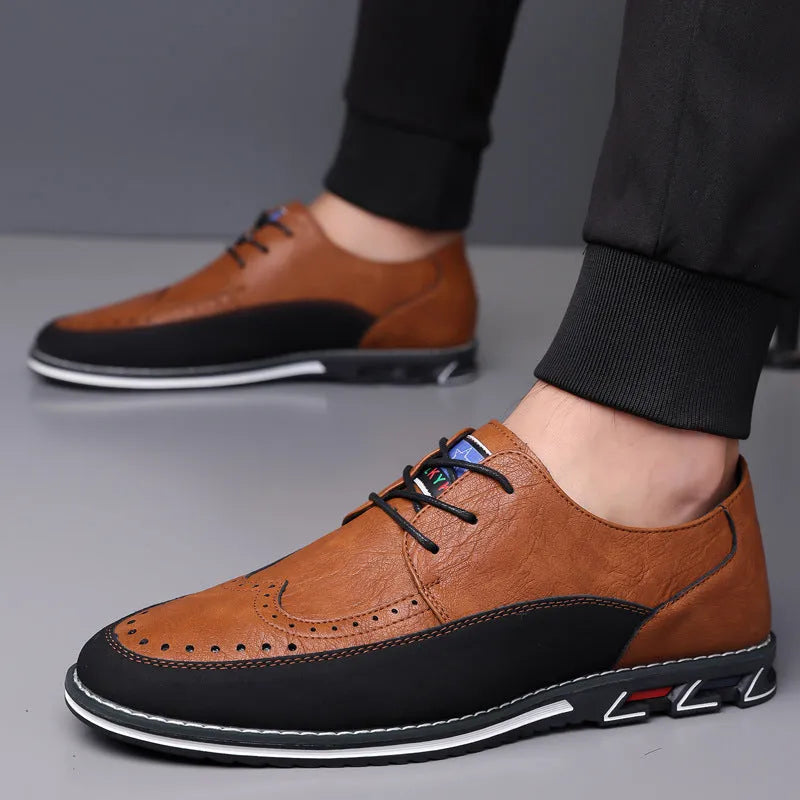 Men's casual low-top leather shoes with a fabric upper, leather toe cap, and rubber sole.