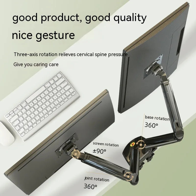 Dual screen lift-type monitor bracket made of silver aluminium alloy and black ABS plastic.