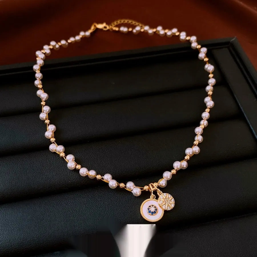 Golden-white real gold electroplated necklace with round zircon pearl pendant on clavicle chain