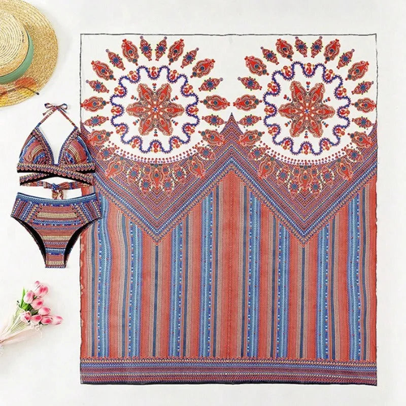 Women's three-piece swimsuit set with a cutout sleeveless top, high-waist briefs, and a matching coat.