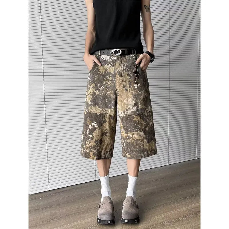 Yellow snake pattern camouflage cropped jeans in cotton denim fabric showing tooling design detail