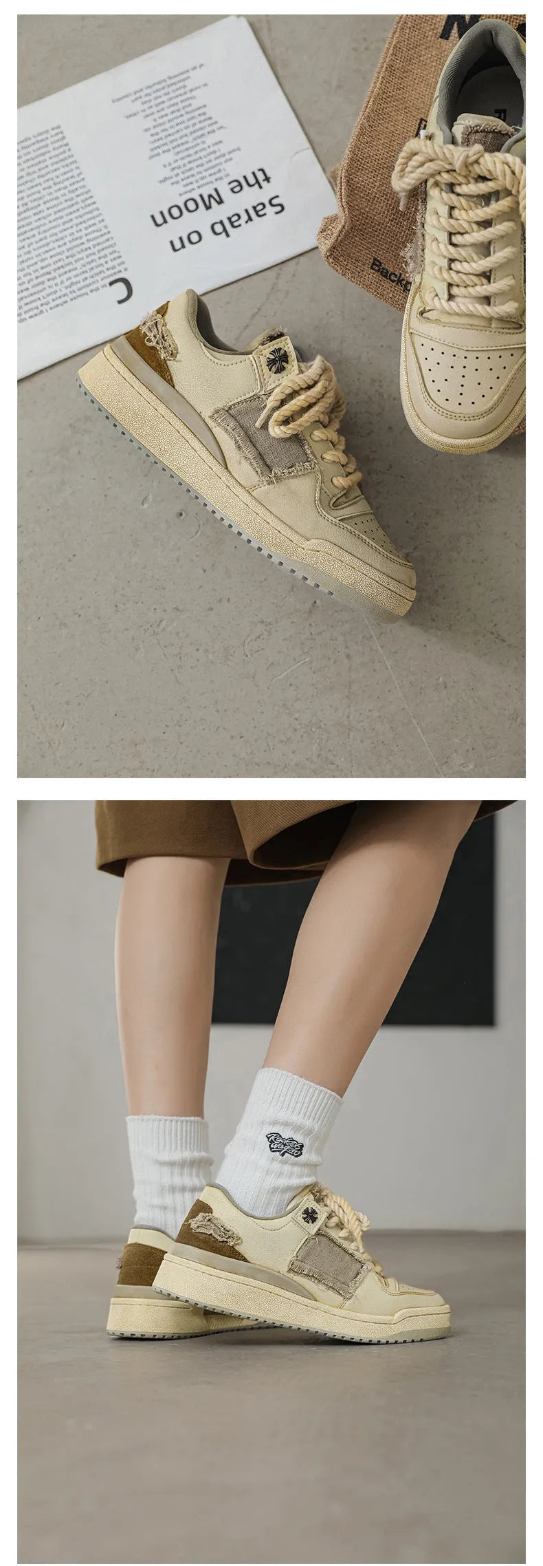 Beige low-top skateboard shoes with round toe and front lace-up closure on a flat rubber sole.