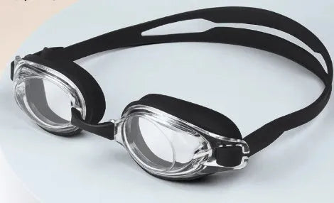 Black prescription swimming goggles for myopia with anti-fog lenses and a matching protective case.