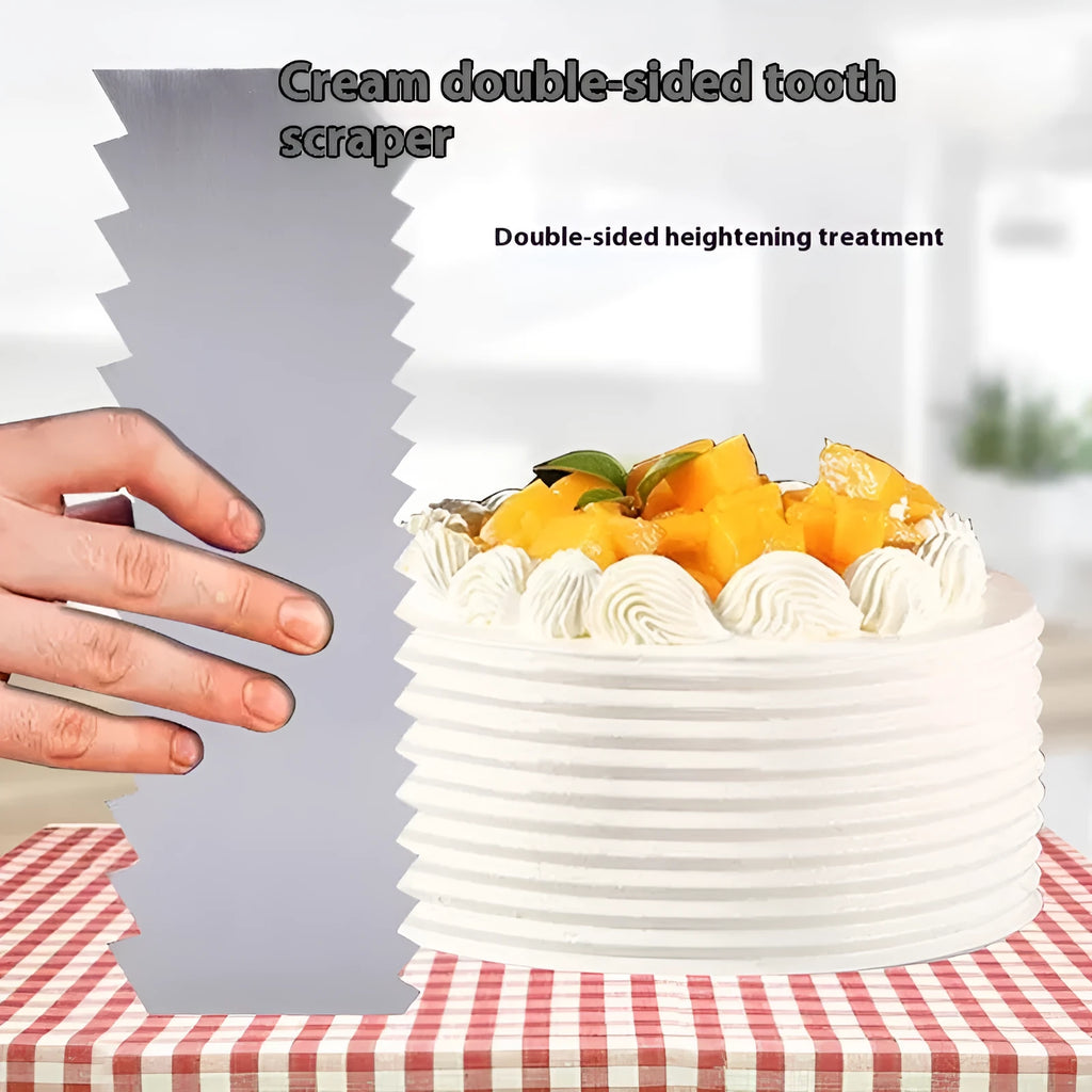 Stainless steel cake cream scraper with geometric polygon pattern edge for buttercream decorating