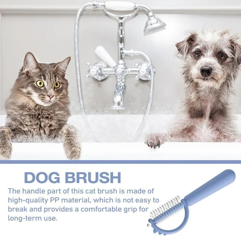 Blue dinosaur-shaped cat brush with double-sided head and self-cleaning button