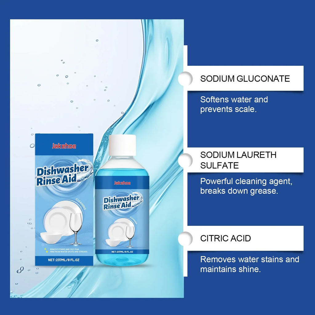237mL bottle of dishwasher cleaning detergent aid lotion for removing grease from plates.