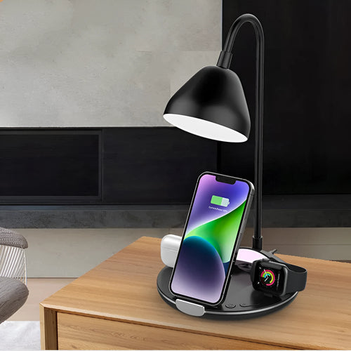 Black magnetic folding wireless charger unfolded showing phone, earbuds, and watch on charging pads