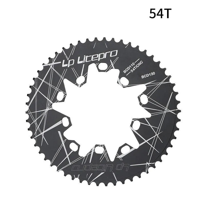 Silver aluminium alloy oval bicycle chainring with CNC machining marks on a white background