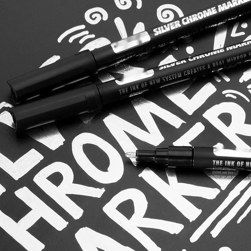 Waterproof mirror marker pen with plastic shell, shown with 1mm and 2mm tip size options.