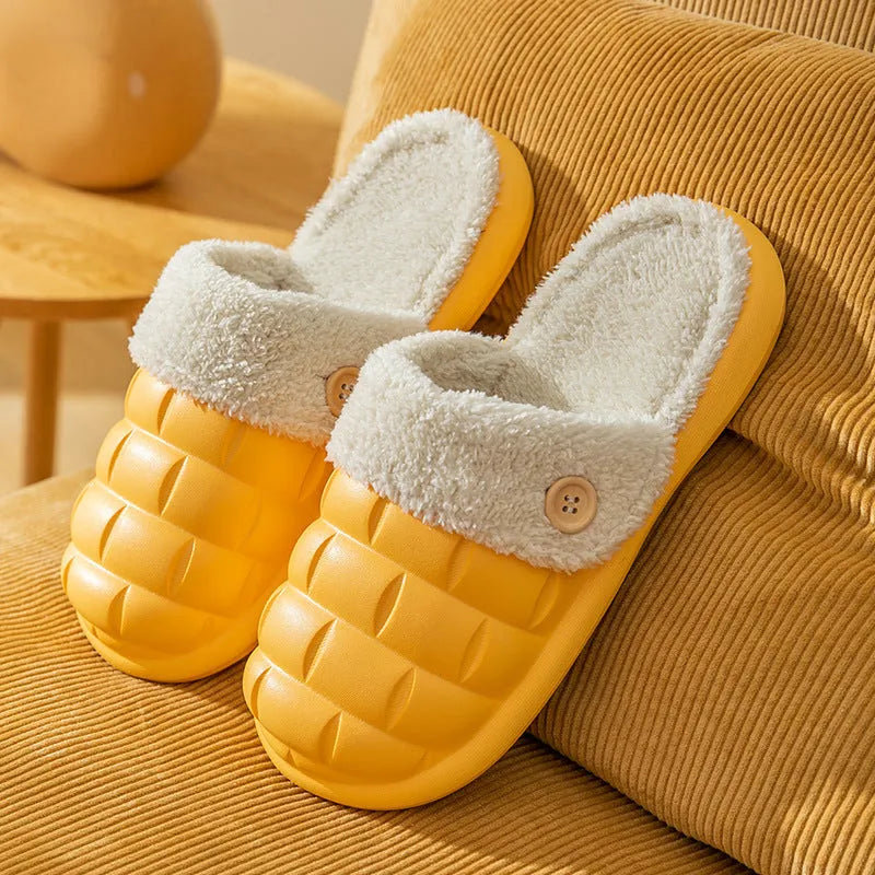 Plaid detachable EVA house slippers with plush lining, shown in assorted colours.