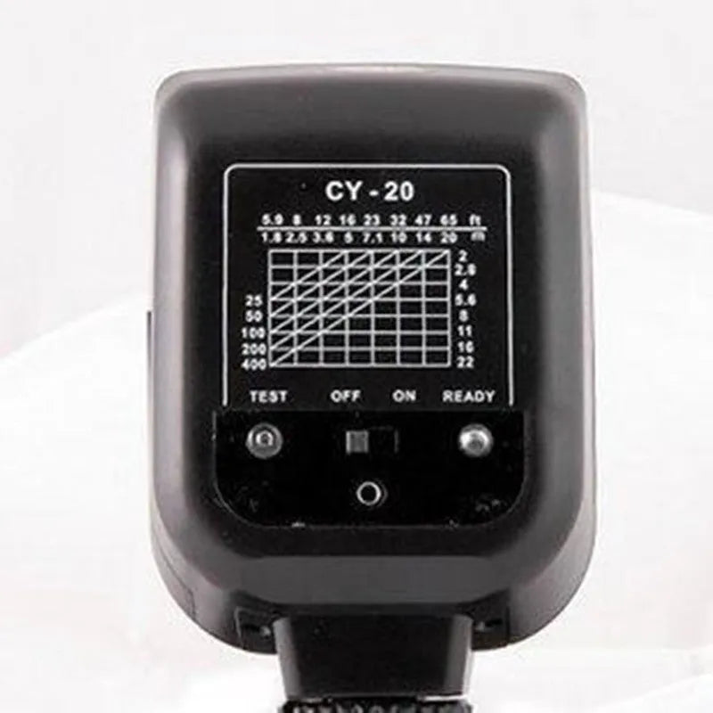 SLR camera flash unit with tilting head shown at 90-degree angle, compact 65x60x98mm design