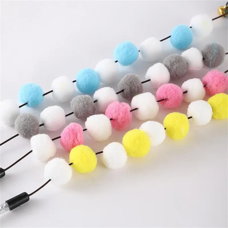 31cm long cat teaser interactive toy rod with bell and colourful polyester pompon feather attachment