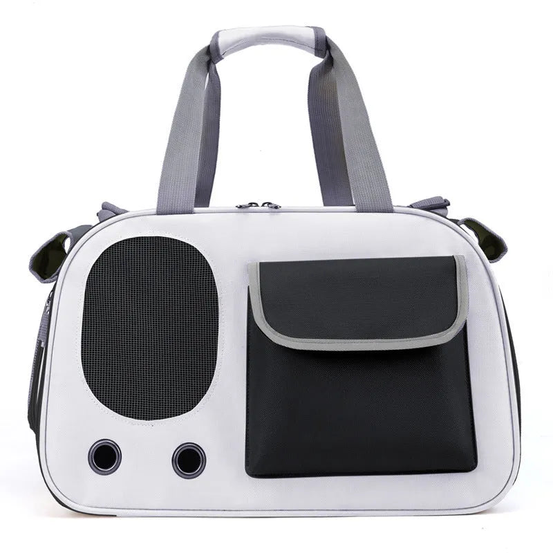 Foldable canvas pet carrier bag with shoulder strap shown in three colour options.